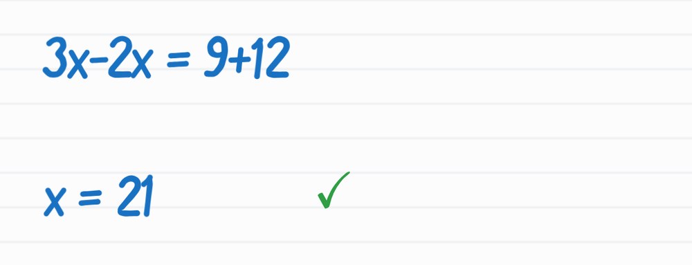 A crop of a session whiteboard: the student's corrected working, 3x − 2x = 9 + 12 and x = 21, with a green check beside it.